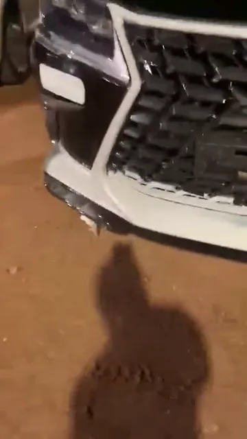 Front grille and bumper of a Lexus SUV in its old white finish, in the yard at night